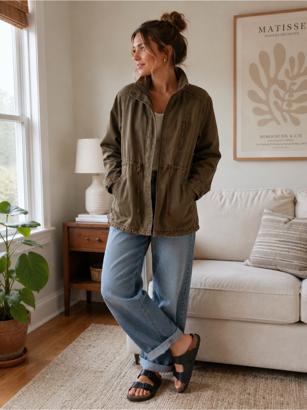 Per Se Olive Utility Anorak Jacket Cotton Drawstring Cargo Large